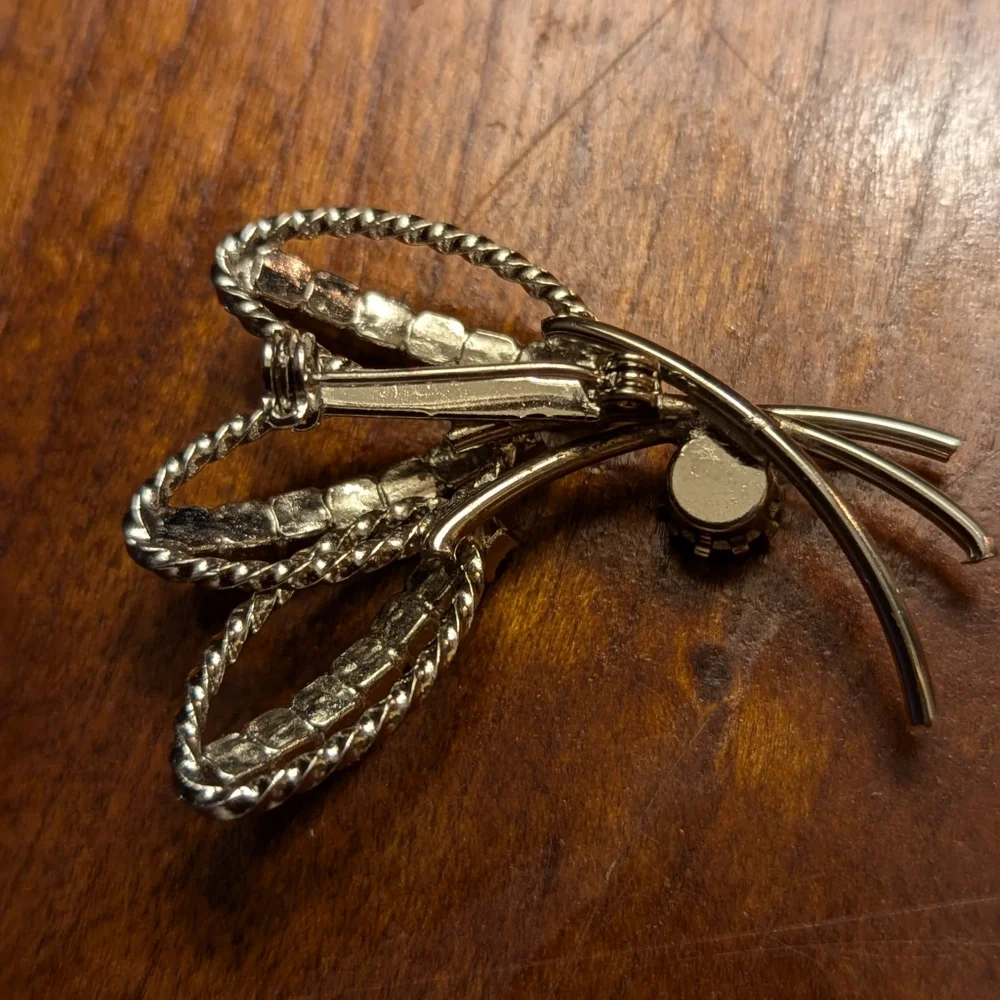 Vintage Brooch Floral Gray Rhinestones Spray Pin 1.25